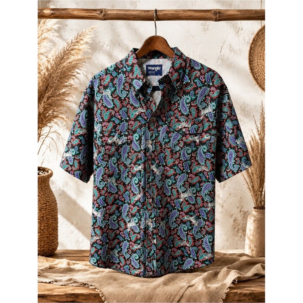 WRANGLER WESTERN COWBOY RODEO HORSE PAISLEY PATTERN BUTTON FRONT SHIRT